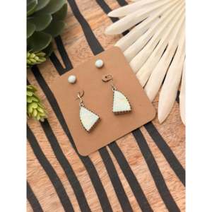 Navajo <b>Opal</b> & Sterling Silver Dangle and <b>Stud</b> <b>Earring</b> Set Vintage Geometric Gold Plated Jewelry with Pearl and Diamond Stone - Product Image 3