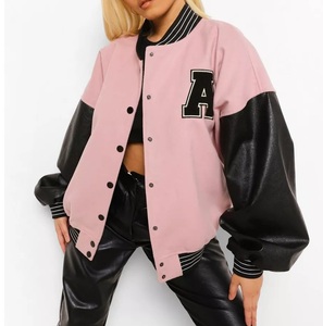 Chaqueta universitaria de talla grande para mujer con cuello levantado, chaquetas lisas con mangas de cuero en blanco de golf a la moda al por mayor para mujer - Product Image 3