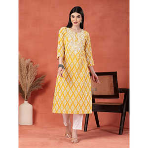 Kurta Recta con Estampado Floral Amarillo para Mujer, Talla XL, Tejido de Popelina, para Primavera/Verano/Otoño, Blusa con Estampado de Leopardo para Damas - Product Image 1