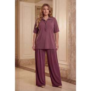 Pantalones de Mujer Talla Grande con Cintura Elástica, Cordones y Pliegues Delanteros, Color Borgoña - Product Image 3