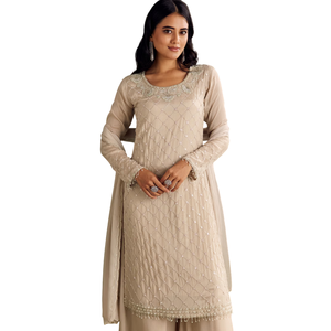 Vente en gros de vêtements ethniques pour femmes OEM Custom SuitSet Chinon Kurta Palazzo beige clair avec pétoncle Cutdana Dupatta Vente en gros - Product Image 2