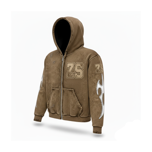 Heavyweight 370 GSM sweat à capuche zippé premium brossé polaire tissu marron surdimensionné broderie personnalisée chenille patch basics Hoodie - Product Image 3