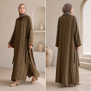 Custom Striped Abaya <strong>Maxi</strong> <strong>Dress</strong> | Lightweight <strong>Linen</strong> Blend Loose Fit Modest Wear Manufacturer for EU Brands - Product Image 2