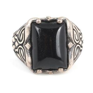 925 Sterling Silver Men's <b>Ring</b> Natural Onyx Stone Rectangular Geometric Pattern Hip Hop Style Platinum Fine for Everyday Wear - Product Image 4