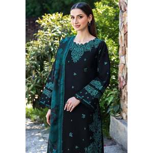 Conjunto de Traje Holgado de Algodón/Fibra de Bambú con Bordado Khaddar y Estampado Courtrai para Mujer de Brands Inn - Pantalones y Chal - BIC-4391 - Product Image 3