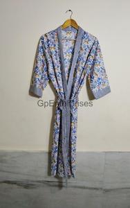 Femmes bleu coton imprimé Animal col en v pleine longueur doux décontracté été Robe de chambre automne printemps demoiselles d'honneur Kimono Robe - Product Image 4