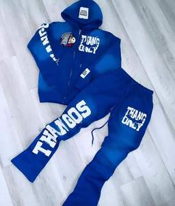 Stylish Vintage Acid Wash Embroidered Flared Sweatsuit Set 100% Cotton Eco-friendly Printed Winter Hoodie Sweatpants - Product Image 1