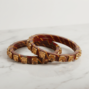 Set of 2 Brown Lac Bangles with Square <b>Stone</b> Accents Cultural Collectible Jewelry - Product Image 3