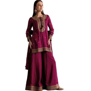 Vino seda Kurta Palazzo SuitWith Zari & Butti Dupatta venta al por mayor mujeres Ropa Étnica OEM fábrica de ropa proveedor a granel moda - Product Image 3