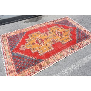 Large Area Turkish Rug Classic <b>Red</b> Yellow Patchwork Design 4.4x7.7ft Wool <b>Material</b> 10mm Latex Kilim for Hallway Room Decor - Product Image 2