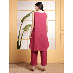 Deebco Women's Fuchsia Cotton 2-Piece Co-Ord <b>Set</b> Casual Sleeveless Floral Embroidery Loose Fit Top And Mid-Calf Length Trouser - Product Image 5