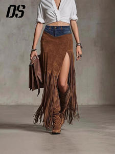 <span class=keywords><strong>Falda</strong></span> Maxi <span class=keywords><strong>de</strong></span> Gamuza Estilo DS - Cintura con Paneles <span class=keywords><strong>de</strong></span> Mezclilla, Abertura Alta con Flecos, Atuendo Vintage Occidental - Product Image 3