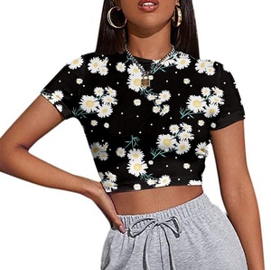 เสื้อยืดครอปสำหรับผู้หญิงเสื้อครอปแขนสามส่วนระบายอากาศได้สำหรับผู้หญิง - Product Image 1