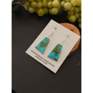 Navajo Green Mohave Turquoise & Sterling <b>Silver</b> Drop <b>Earrings</b> Geometric Slab <b>Dangle</b> Design Handmade - Product Image 3