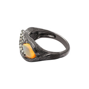 Memoria Jewels Leaf Design Ruby Round Brilliant Cut Gemstone Diamond Black Rhodium 925 Sterling <b>Silver</b> Handmade Women's <b>Ring</b> - Product Image 3
