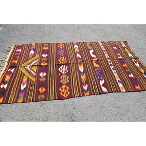 Alfombra Kilim turca Vintage, área grande roja y roja, Material de lana de 4,3x8,6 pies, respaldo de látex, patrón de retazos rectangular para pasillo - Product Image 3