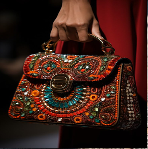 Sac à bandoulière élégant à fleurs bleues avec des accents dorés pour un look chic. Disponible à prix de gros. - Product Image 6