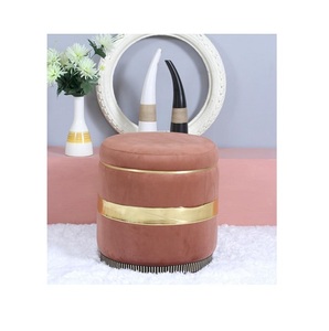 Taburete de nube de almacenamiento de tela de terciopelo moderno de Pufy redondo con estilo de acero inoxidable dorado para sala de estar dormitorio - Product Image 1