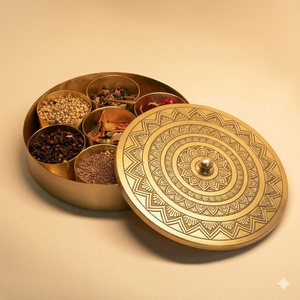 Masala Dabba Étnico Indio de Latón con Tapa Grabada Floral y Cuchara |   Caja Redonda Multiusos para Guardar Especias para la Cocina del Hogar - Product Image 2