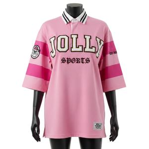 Camiseta de rugby para mujer de mezcla de algodón grueso, duradera, suave, con paneles de rayas rosas en las mangas y logotipo personalizado de sarga. - Product Image 1