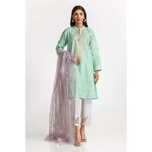 เสื้อเชิ้ตผู้หญิงสีเขียวอ่อนลายแจ็คการ์ดปักลาย  เสื้อผ้าอินเดียและปากีสถาน - Product Image 1