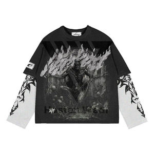 T-shirt à double couche de haute qualité, streetwear, imprimé intégral, manches à effet délavé, motif flamme, Y2K, t-shirt à manches longues à double couche - Product Image 5