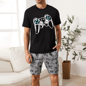 Conjunto de Pijama para Hombre con Estampado de Control de Videojuegos, Camiseta Negra y Pantalones Cortos Grises, 100% Algodón, Ropa de Dormir Informal para Verano e Invierno - Product Image 3