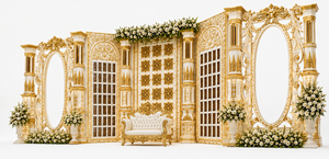 Scène de réception de mariage indienne grandiose de style Bollywood classique, blanc et or, avec canapé, thème palais, pour événements de fiançailles en Australie - Product Image 4