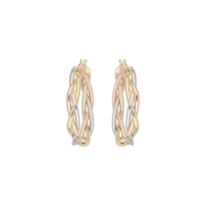 Boucles d'oreilles créoles tressées de haute qualité en gros, trois couleurs, trois tubes, 20 mm, plaqué or 18 carats, argent sterling 925 - Product Image 2