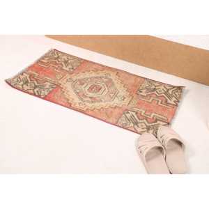 Vintage Turkish Wool Rug 1.3x2.6 ft Small Rug Red <b>Brown</b> Patchwork Design Eco-Friendly Latex Backing - Product Image 1