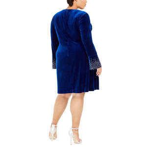 Abito da donna Calvin Klein taglie forti in velluto blu 18W con perline e maniche a campana, vita naturale, taglie XL-4XL, silhouette ampia, fiocco per ballo di fine anno - Product Image 2