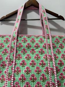 Handmade Cotton Eco-Friendly Everyday Tote <b>Bag</b> Green for Pink Block Print <b>Quilted</b> Travel Shopper Zipper Closure Fashion Style - Product Image 2