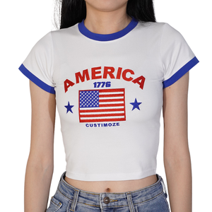 Của Phụ Nữ Chất Lượng Cao Cotton Crop Top Áo Thun Với Thêu Cờ Quốc Gia Logo Tùy Chỉnh Raglan Tay Áo Vải Dệt Kim - Product Image 1