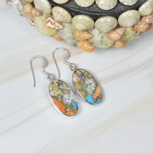 ต่างหูตะขอเกี่ยวพลอยสีเงินสเตอร์ลิงสีทองแดงหอยนางรมสีเทอร์ควอยซ์เครื่องประดับทำด้วยมือพลอยรูปทรงวงรี - Product Image 3