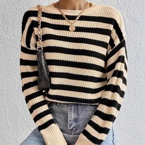 Sweat-shirt à col rond rayé confortable en polyester 100% pour femme, à manches longues, à épaules tombantes, décontracté, pour l'hiver, style coréen - Product Image 6