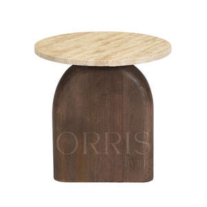 Table d'appoint avec plateau en marbre travertin et base en bois, plateau en marbre, style moderne, meubles de chambre à coucher pour hôtel, salon, appartement - Product Image 6