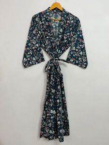 Kimono con estampado de bloque de hojas florales Bikini Cover-Up 100% algodón hasta el suelo vestido de novia cintura Natural nueva colección - Product Image 5