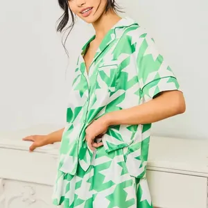 Groothandel Groene Dogtooth Shorty Set Dames Zomer Nachtkleding Pyjama Korte Set