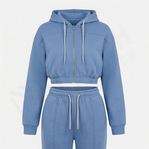 Wholesale OEM Women Winter Vintage Tracksuits <b>Zip</b> <b>Hooded</b> Set 100% Cotton Breathable Comfortable Adult Training Athletic Gym - Product Image 1