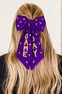 Noeud de cheveux en tissu violet fait à la main pour les jours de match, avec des strass, noeud personnalisé pour les événements scolaires, universitaires, de cheerleading, noeuds de cheveux - Product Image 2