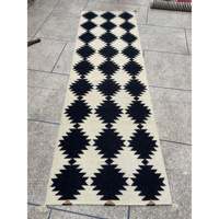 Black & Ivory Handwoven Wool Kilim Runner Custom Size Anti-Slip Woven Design
