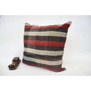 Multicolor Tartan Pattern Wool Kilim Pillow 24x24 Inch Woven Decorative <b>Cushion</b> with Vintage <b>Fluffy</b> Leaves Design - Product Image 3