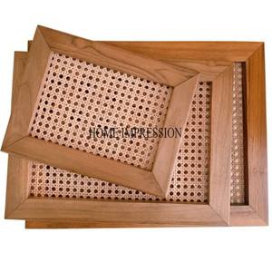 Bords en bois d'acacia nouvellement arrivés avec rotin Designer unique Look attrayant Forme rectangulaire Ensemble de 3 plateaux de service en rotin - Product Image 1