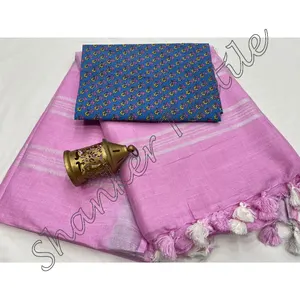 Heavy Linen Cotton Fabric Saree With Cotton Blouse Printed Blouse ethnic garment party wear designer soft cotton linen blouse