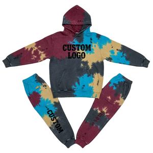 Tie Dye Ripped Hoodie + Conjunto de pantalones de chándal Custom Graffiti Splatter Washed Chándal para hombres Custom Bulk Suppler - Product Image 2