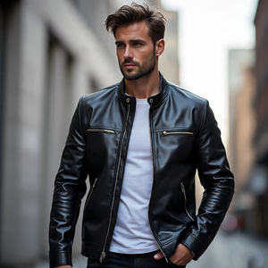 2024 chaquetas de cuero genuino con cremallera de ropa deportiva personalizada para hombres de alta calidad | Chaquetas de cuero de piel de oveja de otoño e invierno para hombres - Product Image 1