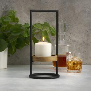 Support votif industriel moderne à cadre en métal noir Anneau en bois naturel Lanterne en fer résistante à la chaleur de Noël minimaliste - Product Image 4