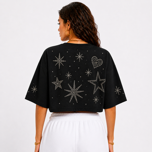 Loose Fit Oversized Crop <b>Top</b> Women <b>Rhinestone</b> Embroidery Cotton Cropped T Shirt Casual Streetwear Summer <b>Top</b> - Product Image 2