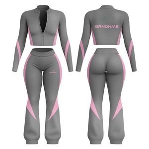 Women <b>red</b> <b>crop</b> <b>top</b> and leggings set polyester spandex stretch fabric contrast panel design custom heattransfer Logo Women's Sets - Product Image 4