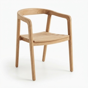 Solid Teak Wood Curved <b>Armchair</b> Slatted Seat Minimalist Natural Finish Outdoor Patio <b>Dining</b> Side Chair Setup Art Decor - Product Image 1